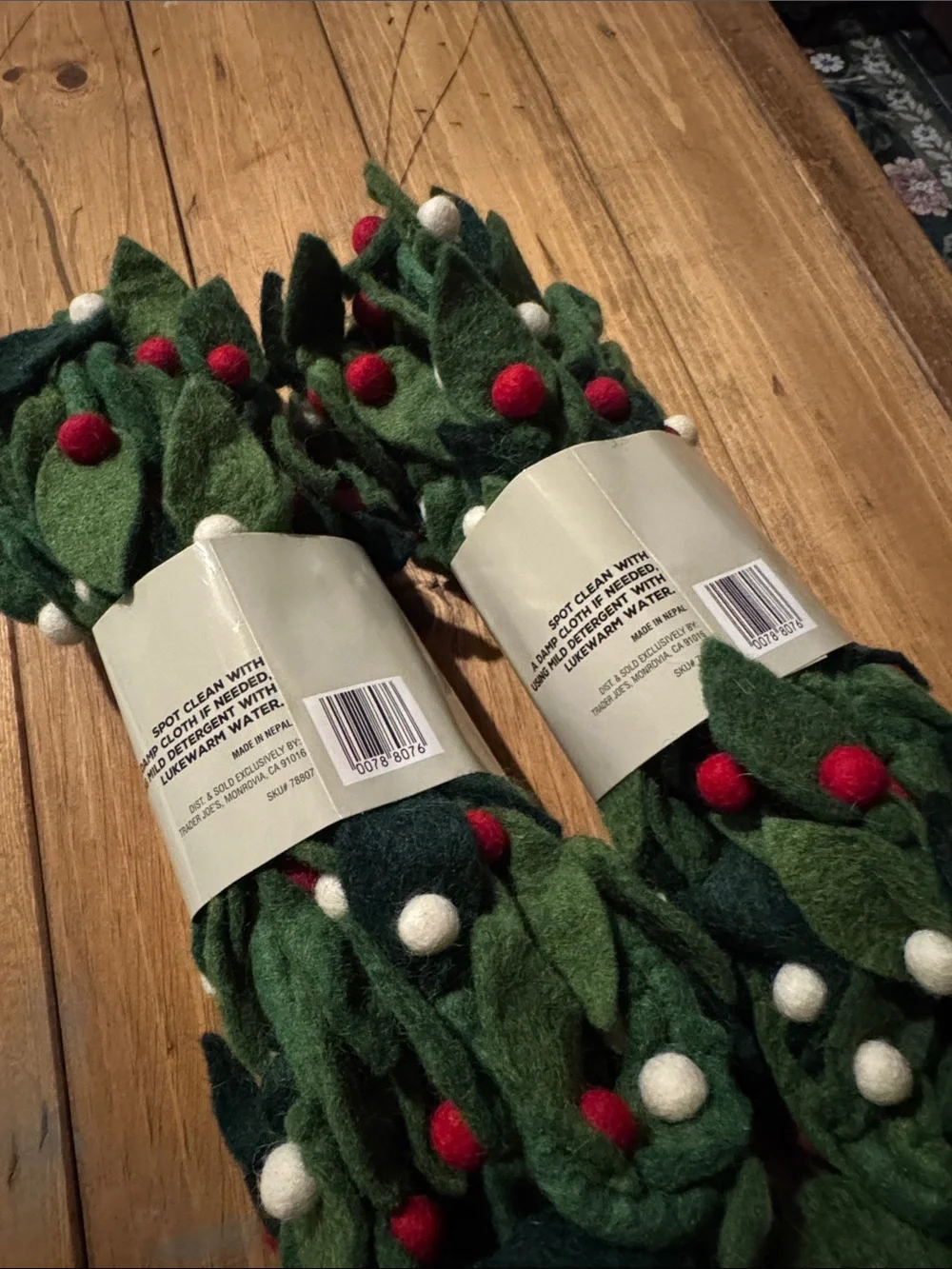 Handcrafted Felted Wool Garland with Red & White Berries set of two